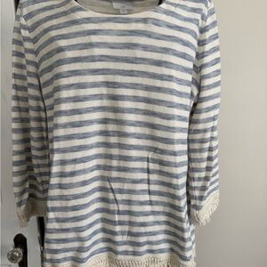 J Jill Striped Knit Fringe Hem Top - Blue & Cream